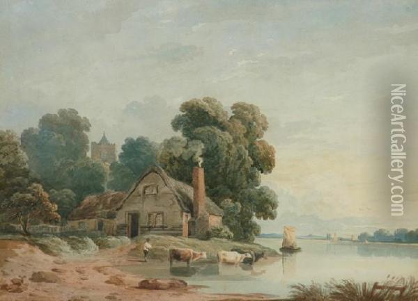 River Scene With Cottage Oil Painting - John Varley