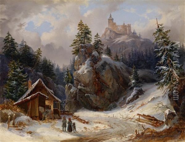 Begegnung In Winterlandschaft Unter Einer Burgruine Oil Painting - Joseph Altenkopf
