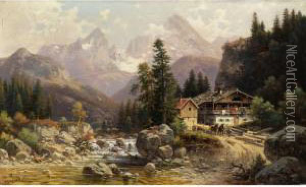 Alpenlandschaft Mit Muhlengebaude An Einem Gebirgsbachlauf Oil Painting - Ludwig Skell