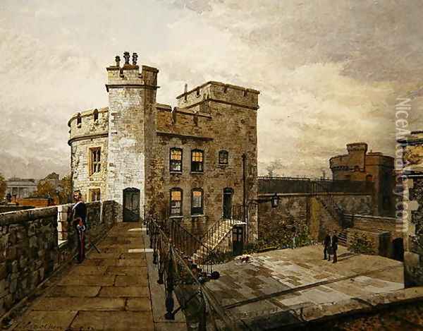 View of Devereux Tower, Tower of London, with figures in military clothing, 1883 Oil Painting - John Crowther