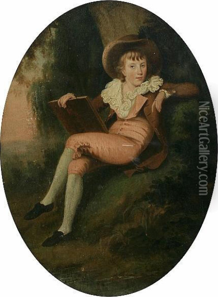 Young Boy Seated Before A Tree, Holding A Book Oil Painting - John Downman