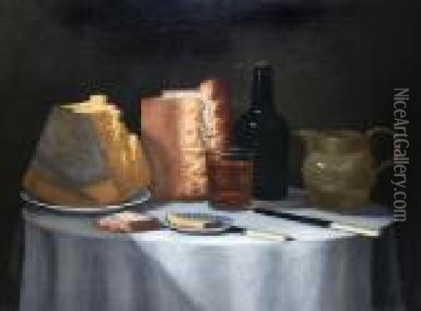 Still Life Of Bread, Cheese, Glass Of Ale Andbottle Of Ale Oil Painting - George, of Chichester Smith