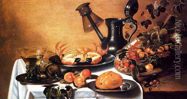 Still Life Of Fruit With Crab, Overturned Roehmer On Spout Of Jug Oil Painting - Cornelius Kruys