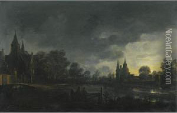 A Moonlit River Landscape With Figures Standing By A Gate, A Village Beyond Oil Painting - Aert van der Neer