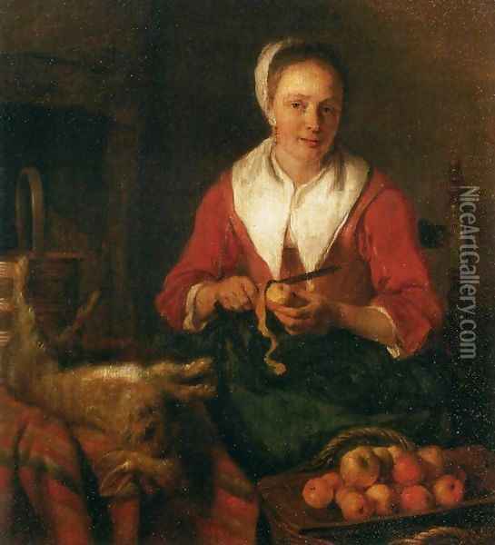 Woman Peeling an Apple Oil Painting - Gabriel Metsu