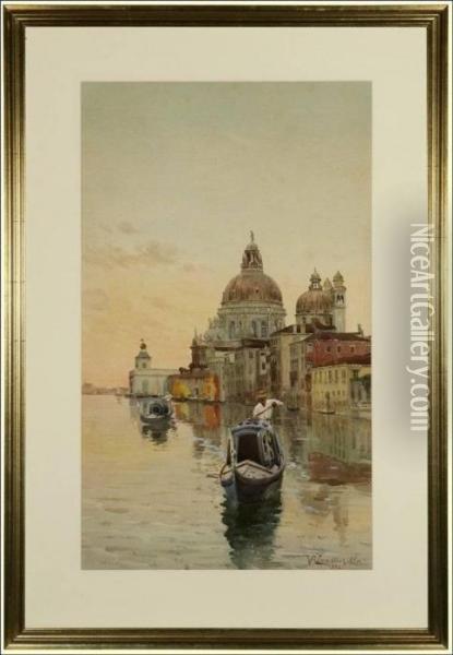 View Of Piazza San Marco - Two Gondolas At Sunset Oil Painting - Vittore Zanetti Zilla