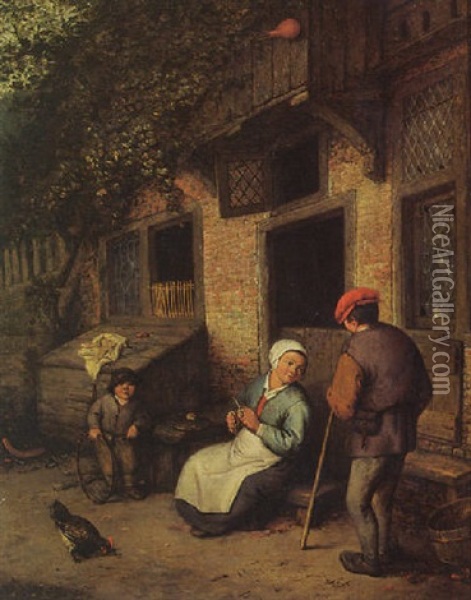 A Man And A Woman Conversing Outside A House, Boy Playing With A Hoop Nearby Oil Painting - Adriaen Jansz van Ostade