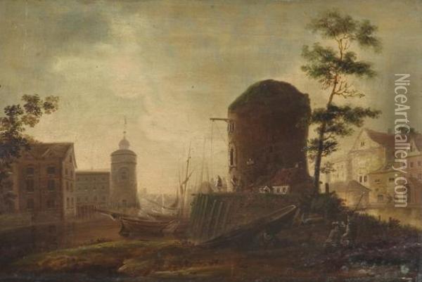 View Of A Continental Riverside Town With Round Tower Oil Painting - William II Sadler