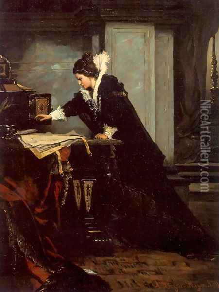 Queen Elisabeth Signs the Condemnation to Death to Mary Stuart 1879 Oil Painting - Sandor Liezen-Mayer