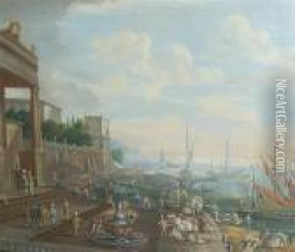 Harbor Scene Oil Painting - Johannes Lingelbach