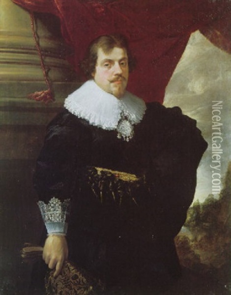 Portrait Of A Gentleman Wearing Black With A White Lace Colar And Cuffs, Holding A Pair Of Embroidered Gloves Oil Painting - Pieter Claesz Soutman
