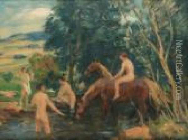 Horses In A Brook Oil Painting - Tavik Frantisek Simon