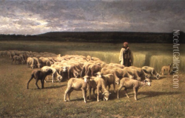 The Shepherdess And Her Flock Oil Painting - Jean Ferdinand Chaigneau