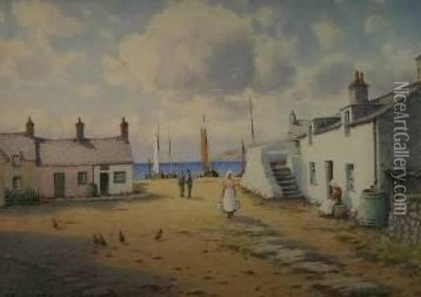 Anglesey Coastal Scene With Courtyard Cottages Oil Painting - Warren Williams