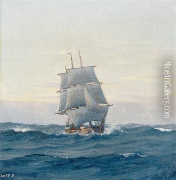 Tremastet Skonnert Gaende For Bagbord Halse Oil Painting - Emanuel A. Petersen