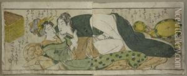 Shunga-doppelblatt. Kurtisane Und Trommelspieler. Japan Oil Painting - Kitagawa Tsukimaro