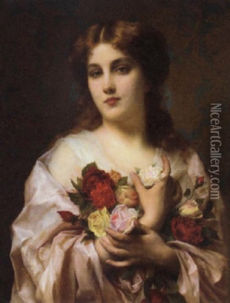 Portrait Of A Girl In A Pink Dress, Holding Some Roses Oil Painting - Etienne Adolph Piot