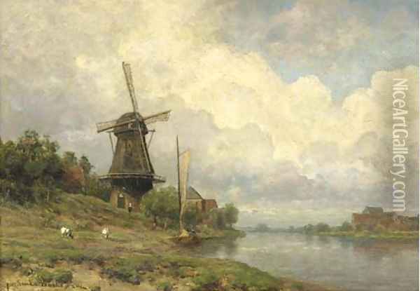 Windmill by a river Oil Painting - Julius Jacobus Van De Sande Bakhuyzen