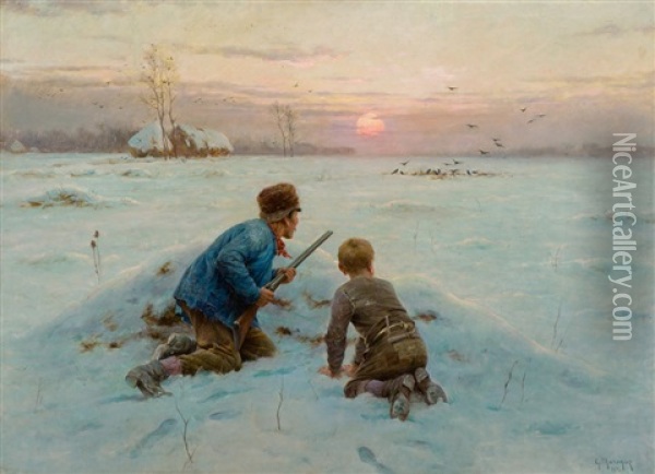 Bauer Und Sohn Auf Der Vogeljagd Oil Painting - Georges Philibert Charles Maroniez