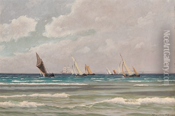 Besonnte Marine Mit Zahlreichen Segelbooten An Einem Prachtvollen Sommertag Oil Painting - Alfred Olsen