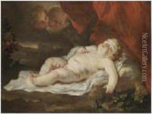 The Christ Child Sleeping In A Landscape Attended By Putti Oil Painting - Luca Giordano