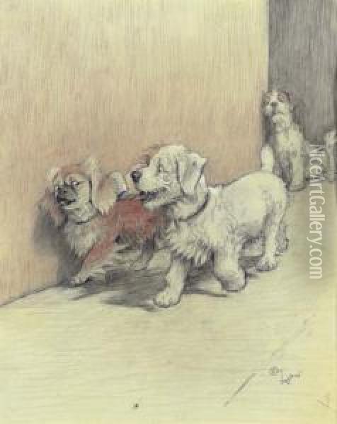 The Flirt: A Pekingese And Two Terriers Oil Painting - Cecil Charles Aldin
