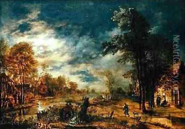 Moonlit Landscape with a Village Oil Painting - Aert van der Neer