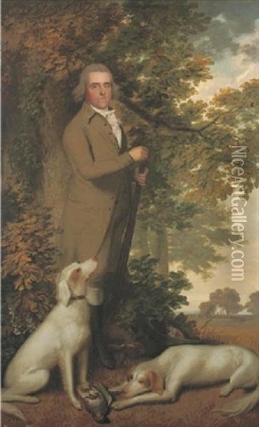 Portrait Of A Gentleman, Full-length, In A Green Coat, Holding A Gun, Two Dogs And A Partridge At His Feet, In A Wooded Landscape Oil Painting - James Millar