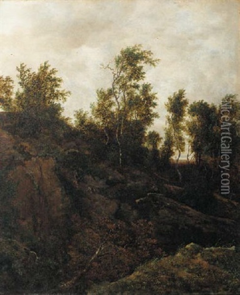 A Wooded Landscape With A Huntsman And A Dog Oil Painting - Jacob Salomonsz van Ruysdael