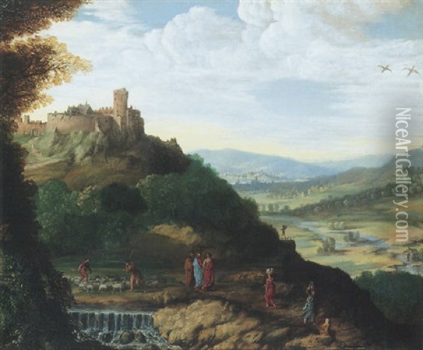 An Extensive Landscape With Christ On The Road To Emmaus Oil Painting - Paul Bril