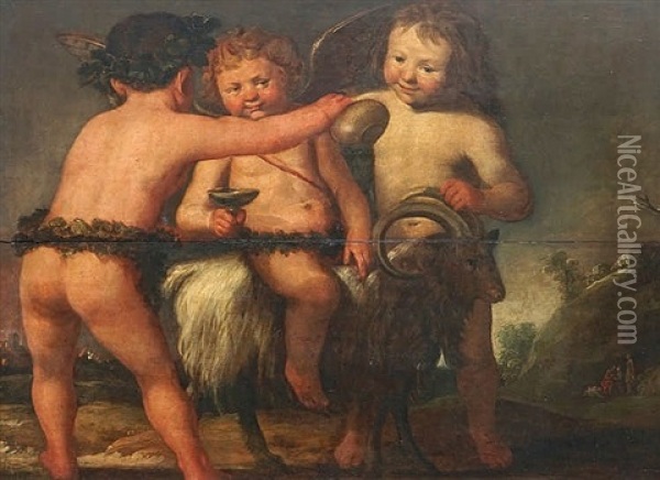 Three Putti With A Goat Oil Painting - Salomon de Bray