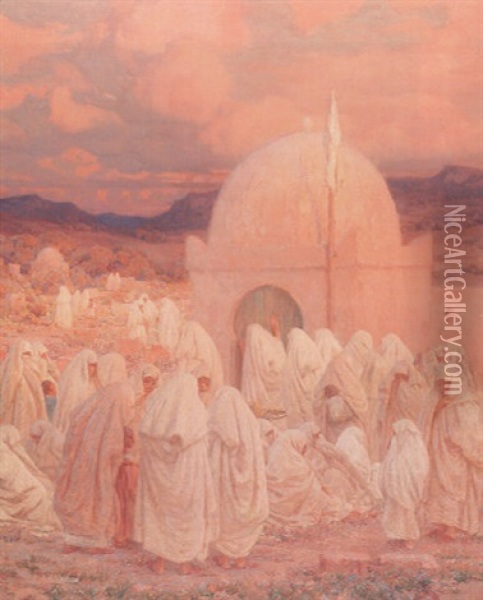 Arab Women Outside A Mosque Oil Painting - Louis Auguste Girardot