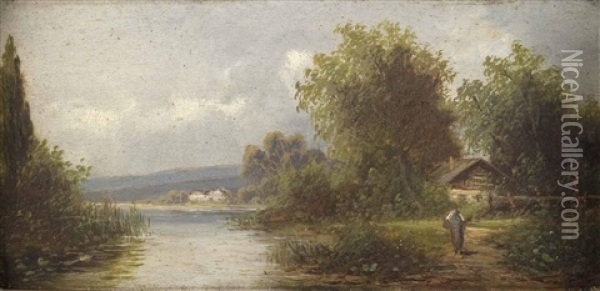 Bauerin Am Flussufer Mit Gehoften Oil Painting - Adolf Kaufmann