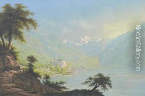 Blick Auf Brienz Mit Kirche Und Brienzersee. Oil Painting - Johann Heinrich Bleuler I