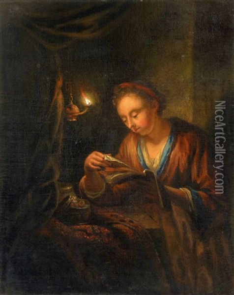 A Lady Reading By Candlelight Oil Painting - Arnold Boonen