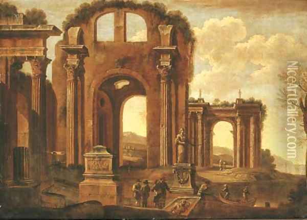 An architectural capriccio with figures amongst ruins Oil Painting - Giovanni Ghisolfi