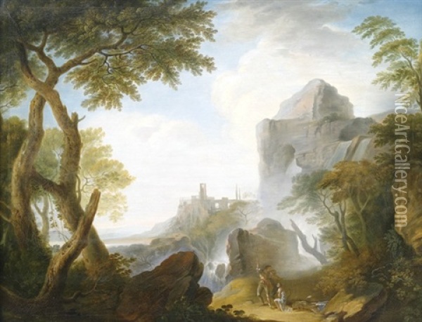Idealisierte Campagnalandschaft Mit Wasserfall Und Ruinen, Im Vordergrund Figurenstaffage Oil Painting - Adolf Friedrich Harper