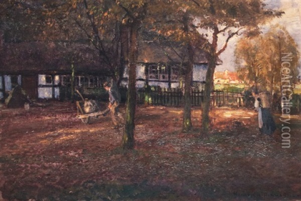 Evening At The Farm Oil Painting - Heinrich Hermanns