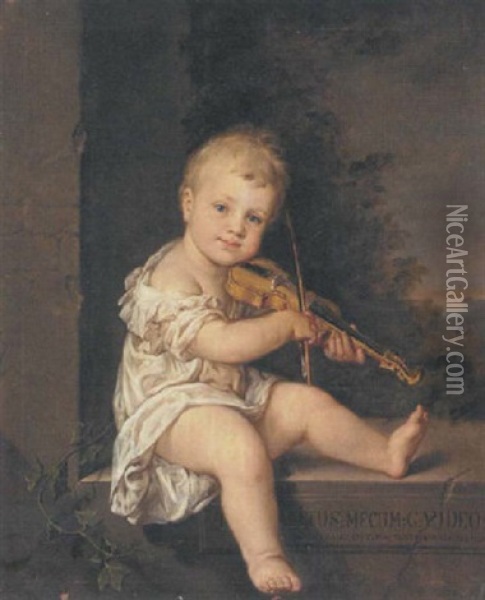 Portrait Of The Artist's Son Playing The Violin, Seated On A Stone Ledge In A Landscape Oil Painting - Barbara Steiner Krafft