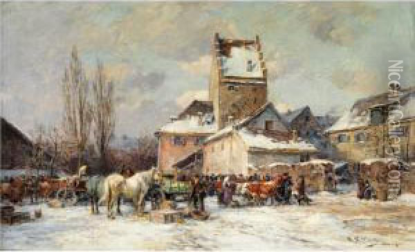 Winterliche Marktszene Vor Dachau Oil Painting - Karl Stuhlmuller