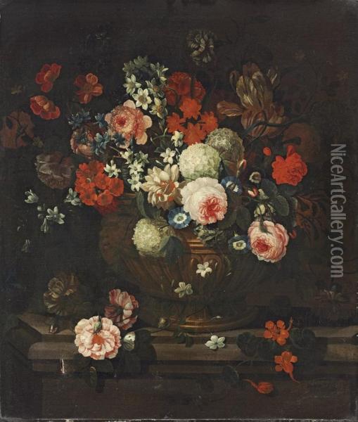 Roses, Tulips, Chrysanthemums And Other Flowers In A Sculptural Urn, On A Stone Ledge Oil Painting - Simon Hardime