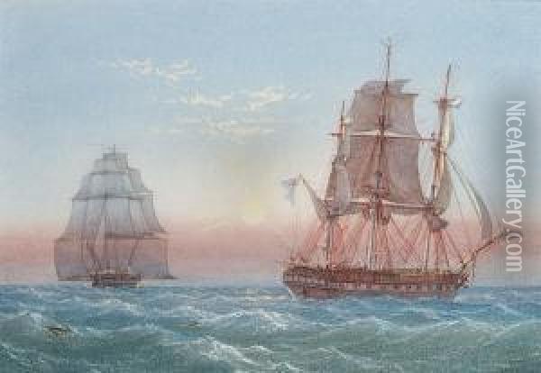 H.m.s. 'sapphire', 28 Guns, Passing Another Frigate Oil Painting - William Joy