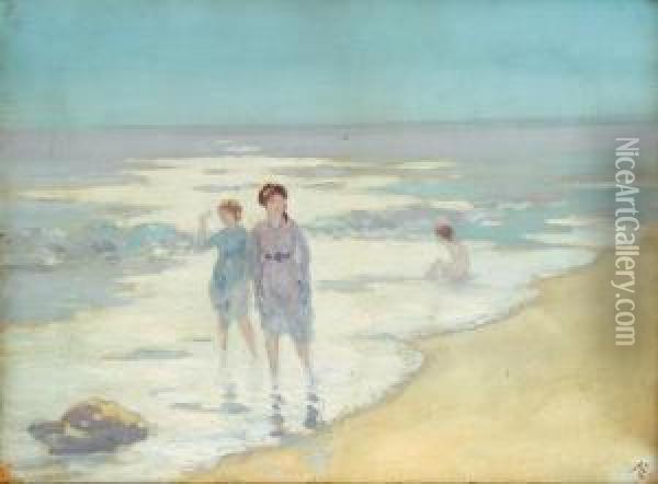 Two Girls Paddling In The Sunlight Oil Painting - George William, A.E. Russell