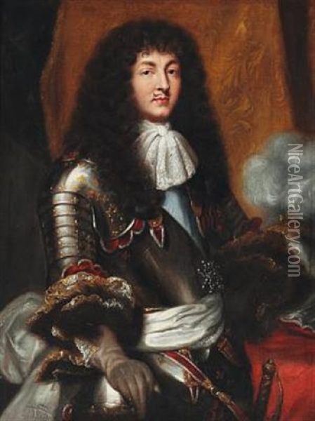 Louis Xiv With Dark Full-buttomed Wig And Armour Oil Painting - Pierre Mignard the Younger