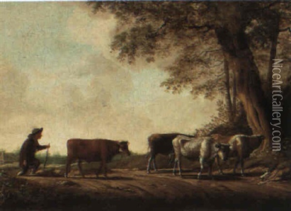 Landscape With Cattle Being Driven Along A Path By A Herder Oil Painting - Jan van der Vinne the Elder