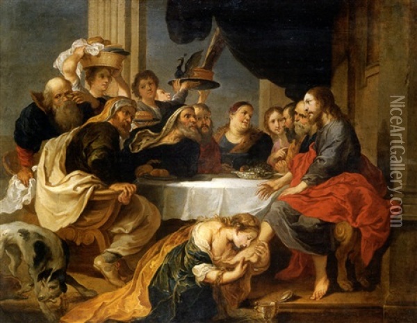 Maria Magdalena Perfumado Los Pies De Cristo (cristo En Casa De Simon El Fariseo) Oil Painting - Victor Wolvoet