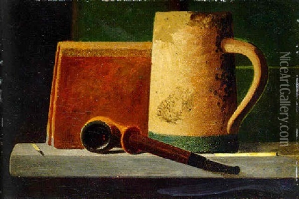 Mug, Pipe And Book On Window Ledge Oil Painting - John Frederick Peto