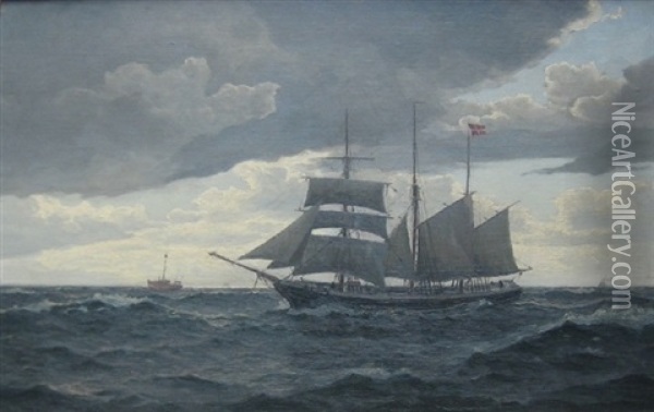 Marine Med Sejlskib Ved Skagen, I Baggrunden Fyrskibet "skagens Rev" Oil Painting - Christian Benjamin Olsen
