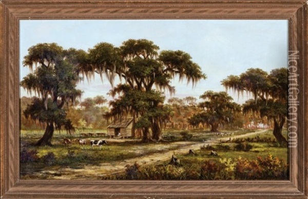 Cattle Grazing Beside A Cabin Among Live Oak Trees Oil Painting - William Henry Buck