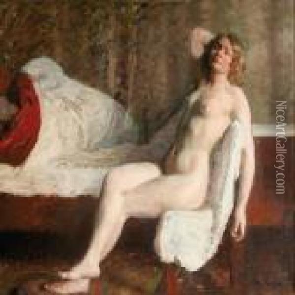 Interior With Naked Woman Oil Painting - Julius Paulsen